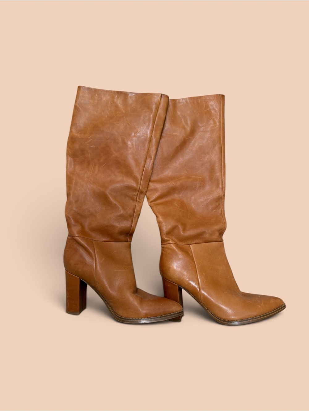 Nine West Cognac Leather Block Heel Boots